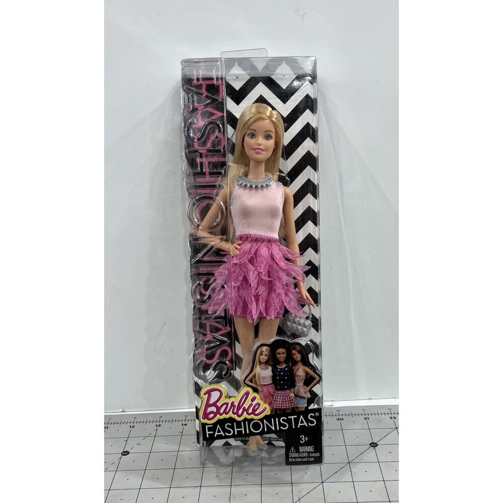 Barbie Fashionistas BCN36 Doll With Blond Hair & Pink Feathered Skirt Dress 2014